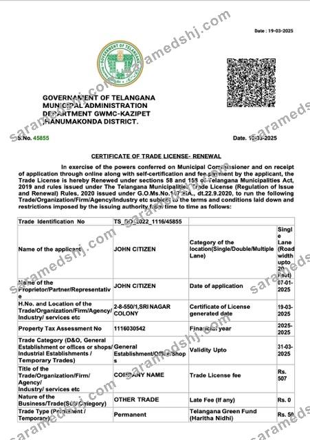 India Telangana certificate of trade license Word and PDF template